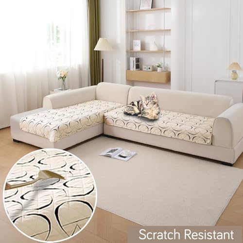 Image of HOKIPO 'Elira Series' Printed Water Repellent + Waterproof Quick Dry L Shape (3+2 Seater) Sofa Seat Cover Mat, Natural Beige Abstract Art (AR-5249-C4 + AR-5246-C4)