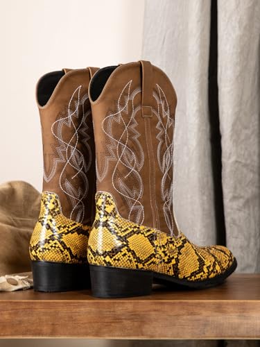 Image of Python Manning Men's Boots Cowboy for Men Classic Pointed Toe Western Pull Up Snakeskin Embroidered Mid-Calf Boots