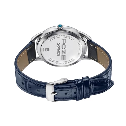 Image of Sonata Poze 8 Quartz Analog Northern Lights Inspired Watch for Unisex with Blue Luminous Dial & Dark Blue Leather Strap - SP70100SL03W