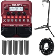 Zoom B1 FOUR Bass Multi-effects Processor with XCG-4 Classic Guitar Stand, Coiled Guitar Cable, and 5x AA Batteries