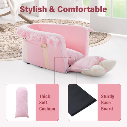 Jaoul Dog Car Seat for Small Dogs - Fully Detachable with Adjustable Straps Center Console Dog Car Seat - Comfortable Bow Design Pet Car Seats - Portable Pet Booster Seat for Puppy, Cat (Pink)
