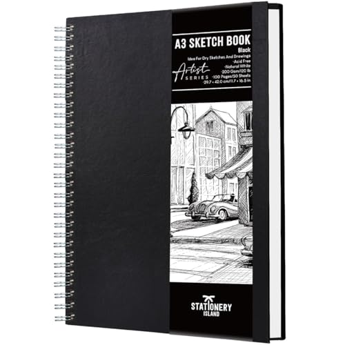 STATIONERY ISLAND A3 Skizzenbuch, 200 g/m² Dickes Papier, Spiralgebundener Zeichenbuch A3 Hardcover, Skizzenblock zum Skizzieren, Illustration, Porträt, 50 Blatt/100 Seiten