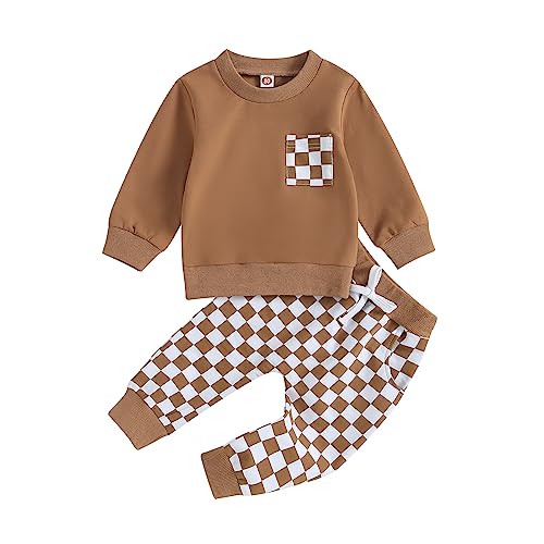 Image of Karuedoo Baby Boy Girl Fall Outfits Checkered Plaid Pullover Sweatshirt Top Pants Set Trendy Toddler Checkerboard Outfit
