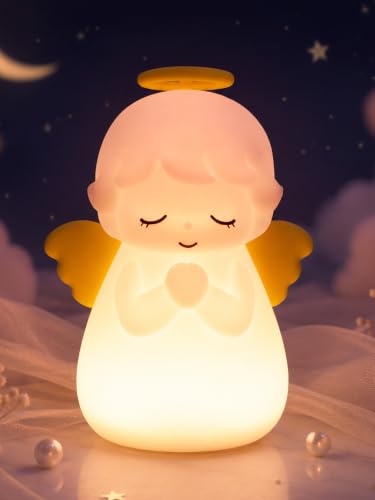 Image of Ammonite Pink Angel Night Light, Soft Silicone Nursery Lamp with RGB 30-Minute Timer, Touch Control Nightlight for Bedroom Decor, Christening Baptism Gifts Christmas Birthday Gift