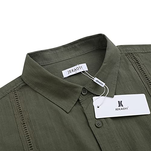 Image of JEKAOYI Mens Casual Linen Cotton Button Down Short Sleeve Shirts Cuban Camp Guayabera Beach Tops