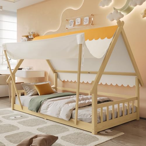 Cama Casita 90x200 cm De Madera Blanco Cama Individual con Tienda Desmontable Barandilla Lateral Somier De Láminas Y Marco Tipo Casa para Dormitorio Juvenil O Habitación De Invitados