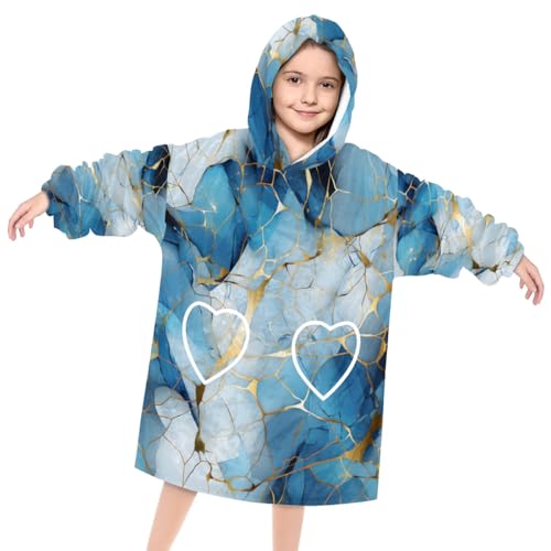 Pardick Wearable Blanket Hoodie for Kids, Gold Cyan Marble Fleece Sweatshirt Blanket Oversized Blanket Sweatshirt with Pocket Flannel Warm Hooded Blanket 6-10 Year Old Girl Boy Gift, One Size