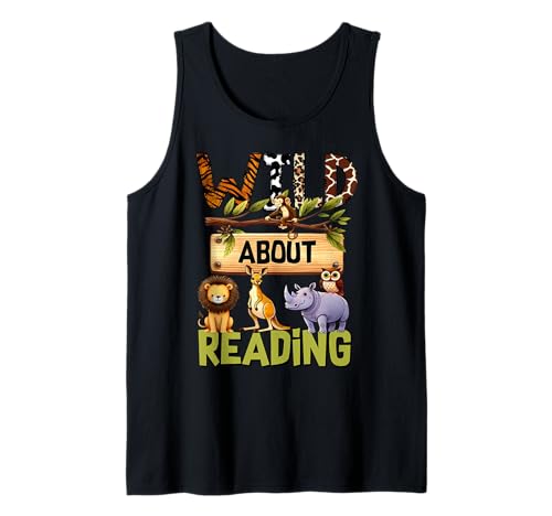 Wild About Reading Lover Zoo Animal Bookworm Biblioteca Profesor Camiseta sin Mangas