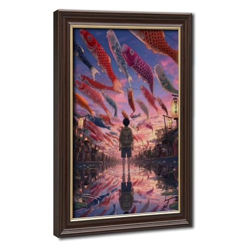 Poster sur toile style japonais carpe streamer coucher de soleil salon 61x91