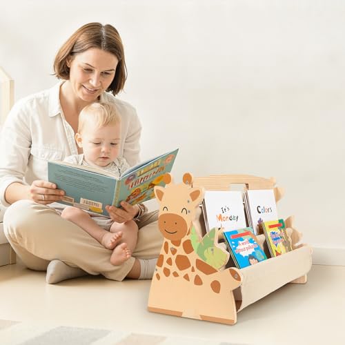 Miniatura 2 de Mhjy Estantería Libros Infantil Madera - Librería Montessori Doble Cara Con Bolsillos De Tela, Organizador Juguetes Portátil Con Asa, Mueble Almacenaje Para Habitación Niño Y Guardería