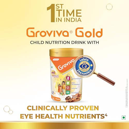 Image of Groviva Gold Milk Protein Powder for Kids | 2-6 Years | 400g Chocolate Jar| 46 Nutrients | Growth & Digestive Nutrients | Supports Physical Growth, Brain Development, Immunity & Eye Health