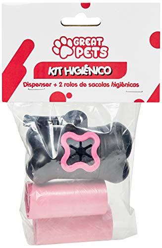 Kit Dispenser Mais 2 Rolos de Sacola Higienica 20 Unidades Cada Great Pets para Cães, Rosa