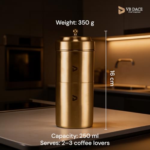 Image of VB DACE Traditional Brass Coffee Filter, 250 ml, Heavy-Gauge Brass South Indian Coffee Maker, Reusable Manual Coffee Drip Filter, Serves 2-3 Cups