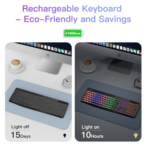 TECURS Wireless Keyboard QWERTY UK Layout, 2.4G Wireless Gaming Keyboard, LED Backlit, Ergonomic, Quiet, Rechargeable, Full Size Keyboard with Multimedia Keys for Computer/PC/Laptop/MAC/Windows - Image 5