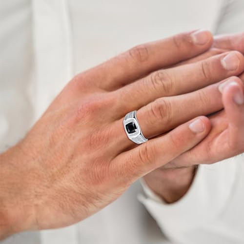 8 * 8mm 2.85CT 925 Sterling Silver Mens Gemstone Ring Princess Cut Created Black Onyx|Sapphire|Emerald|Ruby Mens Wedding Band Engagement Ring Pave CZ W/AAA Size 6-134