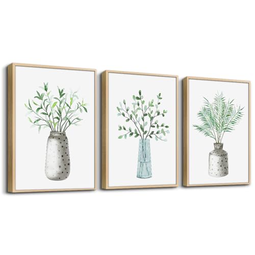 AHUASJART Green Leaf Vase Wall Pictures Artwork Wall Decoration For Living Room Wood Framed Canvas Wall Art Paintings For Kitchen Dining Room Family Wall Decor For Bedroom Office Decor Home Walls