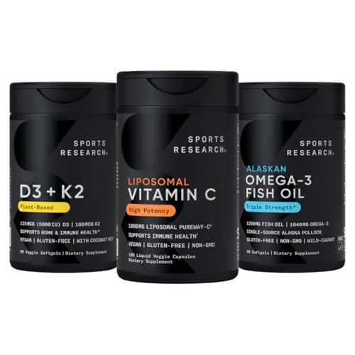 Sports Research® Multivitamin Pack - Liposomal Vitamin C Supplement 1000 mg, Vitamin D3 5000iu + K2 100mcg, and Alaskan Omega-3 Fish Oil 1250mg