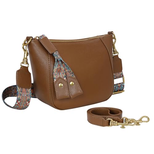 Image of HESHE Leather Crossbody Pursess for Women Soft Satchel Purses Stylish Hobo Bags Boho Shoulder Handbags with 2 Strap (Brown)