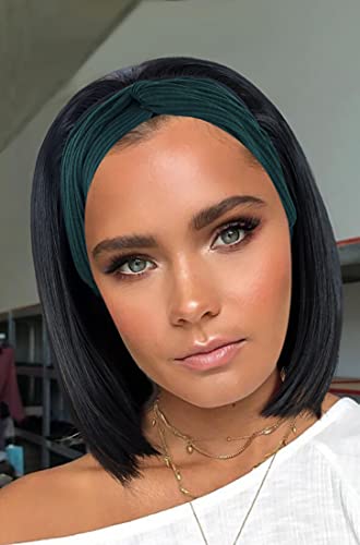 SYMEIW Straight Bob headband Wig for Black Women Short Black Bob Wig With Brown Highlights Fashion Headband Wigs With Black Headband