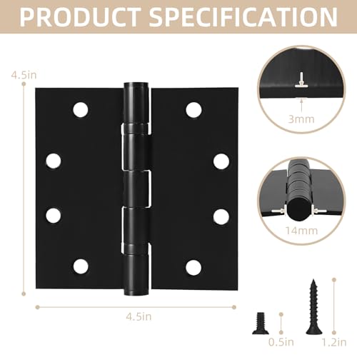4.5" Ball Bearing Door Hinges with Square Corner, 3 Pack 4.5 x 4.5 Inches Stainless Steel Door Hinges Heavy Duty Hinges with 3mm Thickness, Black by ReFeltidolom - Image 2