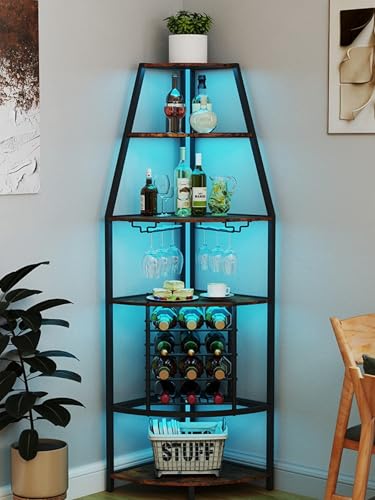 Qriocioa Portabottiglie angolare a 6 ripiani con luci a LED, mobiletto per vino da pavimento con supporto in vetro e bottiglie, armadio angolare industriale per liquori, bar per casa, bar, cucina