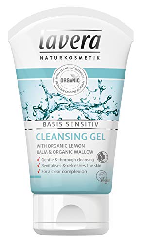 lavera basis sensitiv Facial Cleansing Gel: Natural & Organic Face Wash with Lemon Balm & Mallow Extract gently removes excess oil & impurities for clean pores & fresh feeling skin - 4 Oz