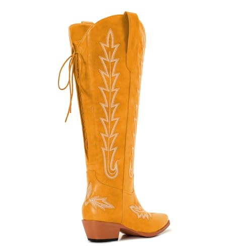 Image of Uillnoodu Wide Calf Cowboy Boots Women Knee High Tall Western Cowgirl Boots Adjustable Lace Up Plus Size Comfortable 2-Inch Heel