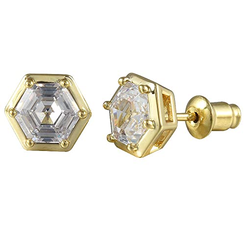 [RIZILIA BEEHIVE] Hexagon Pierced Stud Earrings with Custom-Cut 2CT 6mm Gemstone [White Cubic Zirconia] in 18K Gold Plated