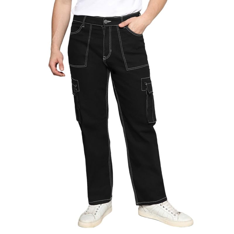 Image of CAHOOT Men's Stitched Cargo Denim Jeans for Casual Wear | Dark-Wash | 5 Pocket | Button Closure | Denim Jeans Crafted with Comfort Fit for Everyday Wear