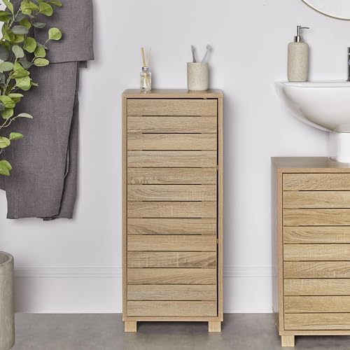 VonHaus Bathroom Storage Cabinet – Oak Wood Effect Bathroom Floor Cabinet with Handleless Design - Small Floor Standing Cupboard - Storage Unit for Kitchen & Hallway - Chester
