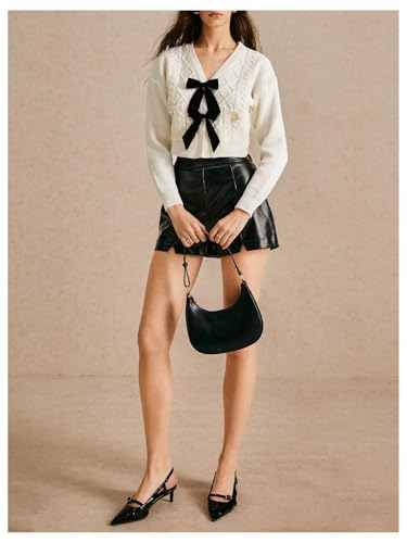 Image of BEAUDRM Women's Bowknot Cropped Cardigan Sweater Long Sleeve Button Up Knit Tops Outerwear Beige Medium
