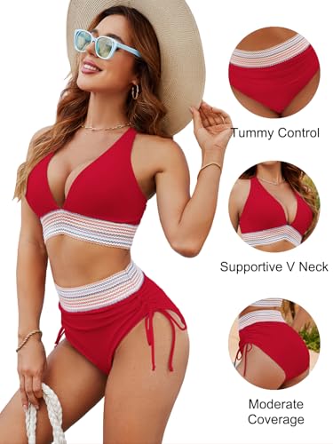Image of Blooming Jelly Women High Waisted Bikini Sets Tummy Control Swimsuits Color Block Two Piece Drawstring Bathing Suit