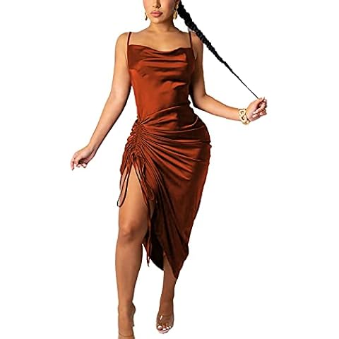 Women's Satin Dress with Slit Silk Spaghetti Strap Ruched Bodycon Dress Satin Cowl Neck Midi Summer Dresses for Women - brown - Medium Cover