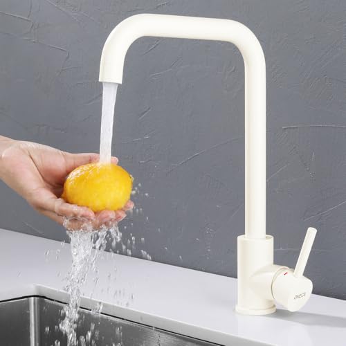 ONECE Grifo de Cocina Beige Blanco Rotación de 360 °, Salida de Agua Alta, Grifería para Fregadero con Ángulo de Caño de Agua Cómodo, Mezclador Monomando Acero Inoxidable 304, Aireador Extraíble