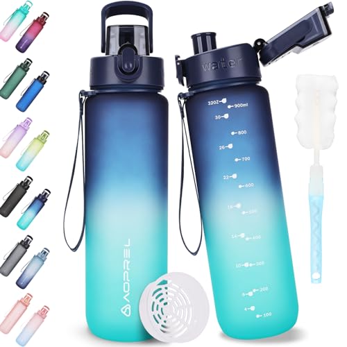 AOPREL Trinkflasche 1l, Trinkflasche Sport Tritan & BPA-Frei Wasserflasche Mit Filter und Bürste, Auslaufsicher Sportflasche Für Fitness, Wandern, Camping, Schule und Büro