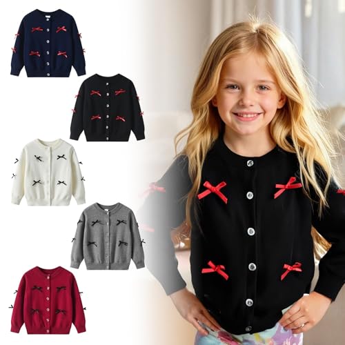 Girls Cardigan Long Sleeve Button Front Sweater Toddler Kids Knit School Uniforms Sweaters 3D Bow Knitwear Coat 3-12 Years3