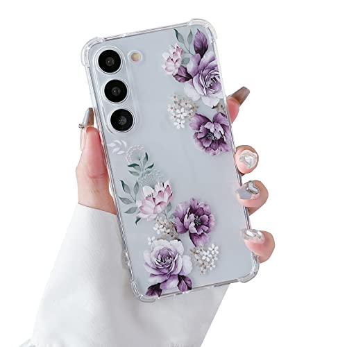 Defbsc Soft Case Compatible With Samsung Galaxy S23, Clear Floral Flower Pattern Print Design Flexible Tpu Shockproof Cover For Women Girls,Flower Protective Phone Case, Purple Peony #TOP10