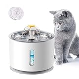 ERWEY 2.4L Katzen Trinkbrunnen Wasserbrunnen, Edelstahl Blumentrinkbrunnen für Katzen und Hund mit Fenster, Wasserspender mit LED-Licht und 3 Aktivkohlefilter