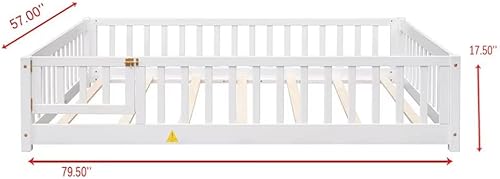 Miniatura 37 de Cama de suelo de tamaño matrimonial, marco de cama Montessori de madera maciza con barandillas en forma de valla y puerta pequeña y listones de