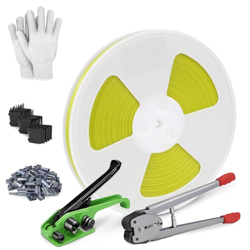 Heavy Duty Banding Strapping kit Contain 1/2" x3200" Polypropylene Packaging Straps &amp; 100 Metal Seals 20 Plastic Edge Protectors Tensioner with Cutter Sealer Tool Glove