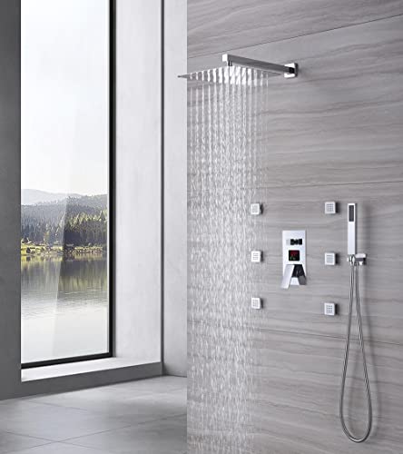 Cascada Digital 12” Sistema de Ducha Montado en Pared con Control Monocomando y Pantalla LCD, 3 Funciones (Lluvia, Jets Corporales y Ducha de Mano) (Negro Mate) miniatura 2