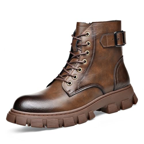 Mens Side Zipper Oxford Boots Comfy Round Toe Splicing Lace-Up Low Chunky Heel Height Increasing Business Chukka Dress Boots For Walking Daily