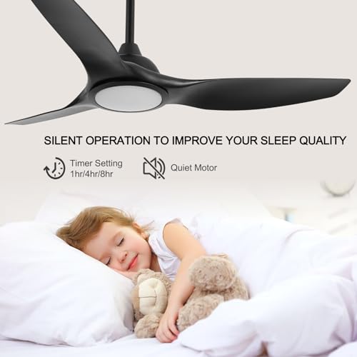 Image of 52 Inch High CFM Quiet Modern Black Ceiling Fan with Lights Remote Control