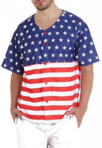 Men s Flag Blank Baseball Button Down Jersey Short Sleeve Hipster Hip Hop Shirts(3XL-Men s Size,Navy-Red and White)