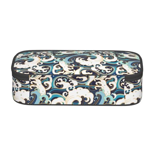 Image of Japanese Ocean Waves Large Pencil Case With Zipper Compartments Stationery Pencil Bag For Kids Teens Students School Supplies