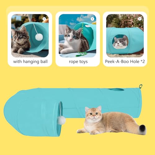 Image of Cat Tunnel, 2-Way Collapsible Cat Tube with Interactive Peek-A-Boo Hole, Toy Ball, and Rope - Ideal for Indoor Cats, Kittens, and Rabbits (Light Blue)