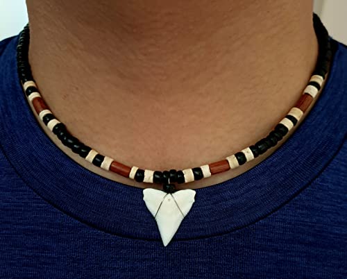Genuine Mako Shark Tooth Beads Surfer Necklace For Men Women Boy Girl A Handmade Boho Bohemian Jewelry Ga390, Black & White #TOP5