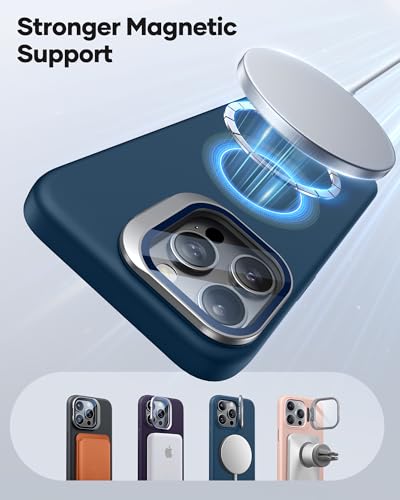 Image of Vihibii for iPhone 15 Pro Max Case, [Compatible with MagSafe], Built-in Transparent Lens Cover & Camera Stand, Full-Body Shockproof Soft Silicone Rubber Phone Cover with Microfiber Lining, Dark Blue