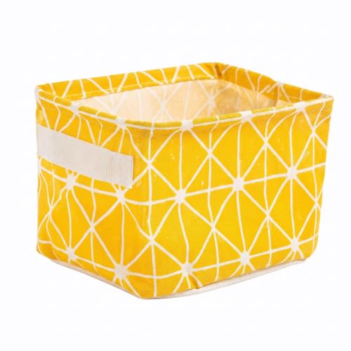 Crzxfypa Storage Basket,Cotton Linen Organizer Bin, 7.87x6.3x5.51"(Yellow Grid Print) with Laminated Coating,Nordic Style Decorative Storage for Closet Bedroom, Durable Home Organizer