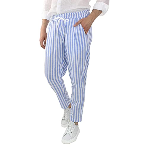 WABEOR Striped Pants for Men Cotton Linen Loose Fit Straight Trousers Breathable Casual Elastic Waist Drawstring Lounge Pants2
